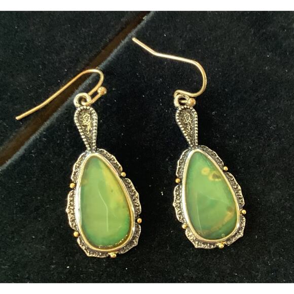 4121 NWOP Silver Trim 1" Navajo Green Turquoise Tear Drop Dangle Earrings - Picture 1 of 3